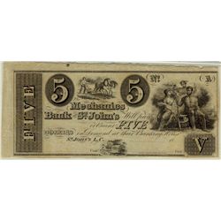 The Mechanics Bank of St, Johns 18xx $5 CH-440-10-02R PMG VF20.