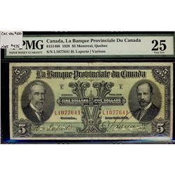 La Banque Provinciale 1928 $5 #L1077641 CH-615-14-08 PMG VF25.