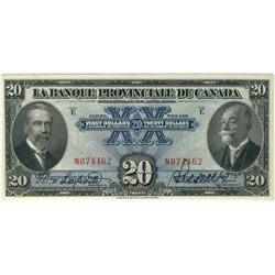 La Banque Provinciale 1928 $20 #N074462 CH-615-14-18 PCGS AU55, a superb example with vibrant colour