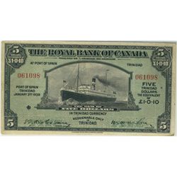 The Royal Bank 1938 $5 Trinidad #061098 CH-630-68-02 PMG VF25, tied for finest. Rare.