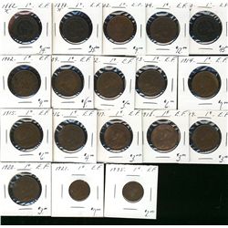 1882H 1¢, 1898H, 1902, 1904, 1900, 1902, 1909, 1912 to 1921 & 1935.  Lot of 18 coins all EF.  (PBA)