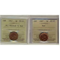 1947 & 1947 1¢ ML Ptd ICCS MS65RD.  Lot of 2 coins.