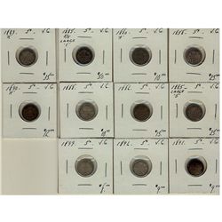 1858 5¢, 1880H, 1885 5/5, 1883H, 1885 Lg 5, 1886, 1888, 1890H, 1891, 1896 & 1899 VG.  Lot of 11 coin