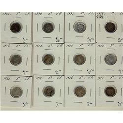 1858 5¢, 1891, 1899, 1902, 1907, 1909, 1913, 1914, 1916, 1918, 1919 & 1920.  Lot of 12 coins all VF.