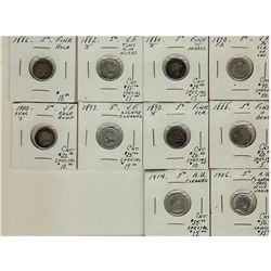 1870 FB 5¢, 1880H, 1882H, 1886, 1888, 1890H, 1893, 1900 Ov, 1906 & 1914.  Lot of 10 coins all with p