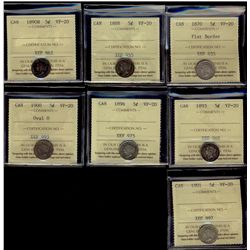 1870 5¢ FB, 1888, 1890H, 1893, 1896, 1900 & 1901 ICCS VF20. Lot of 7 coins.