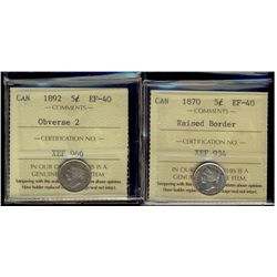 1870 5¢ RB & 1892 Obv 2 ICCS EF40. Lot of 2 coins.