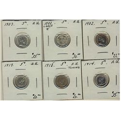 1902 5¢, 1902H Lg, 1907, 1914, 1918 & 1919.  Lot of 6 coins all AU.  (PBA)