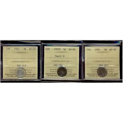 1902 5¢, 1902H Sml & 1911 ICCS AU58. Lot of 3 coins.