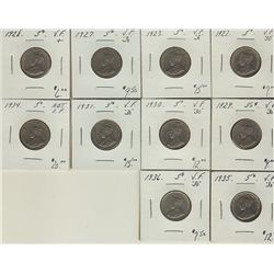 1922 5¢, 1923, 1927, 1928, 1929, 1930, 1931, 1934, 1935 & 1936.  Lot of 10 coins all VF30.  (PBA)