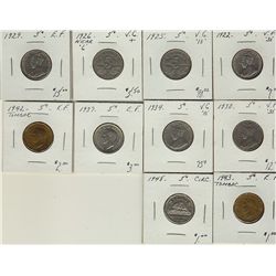 1922 5¢, 1925, 1926 Nr, 1929, 1930, 1934, 1937, 1942 Tom, 1943 Tom & 1948.  Lot of 10 coins all VG o