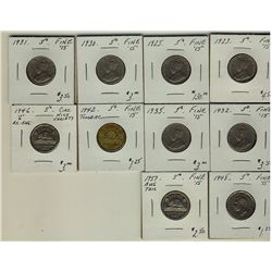 1923 5¢, 1925, 1930-1932, 1935, 1942 Tom, 1946 Re eng, 1948 & 1957 Bug Tail.  Lot of 10 coins all Fi