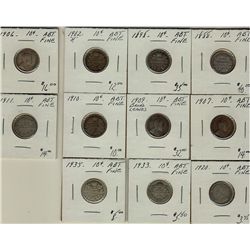 1888 10¢, 1898, 1902H, 1906, 1907, 1909BL, 1910, 1911, 1920, 1933 & 1935.  Lot of 11 coins all Abt F