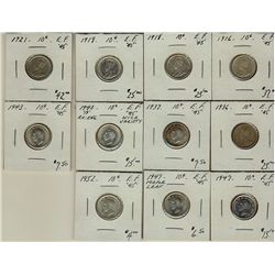1916 10¢, 1918, 1919, 1921, 1936, 1937, 1940 Re eng, 1943, 1947, 1947ML & 1952.  Lot of 11 coins.  (