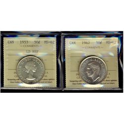 1942 50¢ & 1953 LD NSF ICCS MS62. Lot of 2 coins.