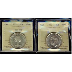 1942 50¢ & 1953 LD NSF ICCS MS62. Lot of 2 coins.