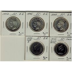 1944 50¢, 1945, 1952, 1978RB & 1982 Ty II.  Lot of 5 coins all BU.  (PBA)