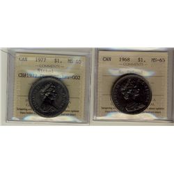 1968 $1 No Isl & 1977 Obv 2, Rev 2 ICCS MS65.  Lotof 2 coins.