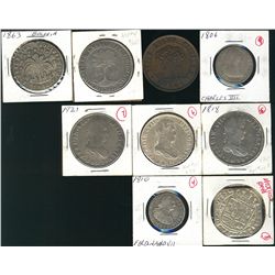 World Coinage. Includes Mexican 8 Reales 1818, 1819, 1921, Bolivia 1863 8 Soles, Honduras 1862 8 Pes
