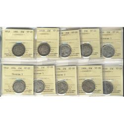 Nfld 1881 20¢, 1882H, 1888, 1890, 1894 Obv 1, 1894 Obv 2, 1896 Obv 1, 1896 Obv 2, 1900 & 1904H ICCS