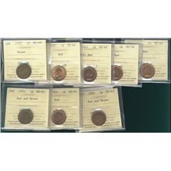 1930 1¢ MS60, 1937, 1953 NSF, 1954 SF, 1956 MS64RD & 1951, 1952(2) MS63. Lot of 8 ICCS graded coins.