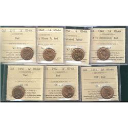 1944, 1947 ML Blt 7, ML Ptd 7, 1948 A To, 1950, 1952 & 1953 NSF 1¢ ICCS MS64RD. Lot of 7 Coins.