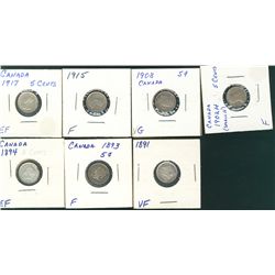 1891 5¢, 1893, 1894, 1902H, 1908, 1915 & 1917. Lot of 7 coins VG to EF. Purchased 1984 Hamilton CNA.