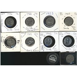 1925(2) 5¢, 1922, 1936(2), 1944, 1945, 1955, 1964 EWL & 1965 VG to BU. Includes 10 coins.