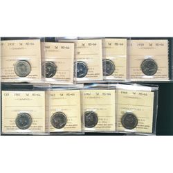 1937 5¢, 1948, 1953 SF, 1955, 1959, 1961, 1963, 1967 & 1968 ICCS MS64. Lot of 9 coins.