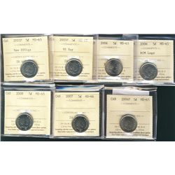 2003P 5¢ NE, 2005P VF Day, 2006, 2006 Logo, 2006P, 2008 all MS65 & 2007 MS66. Lot of 7 coins all ICC
