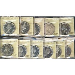 1959(2), $1, 1960(4), 1964(3) & 1965 SmBds Ptd 5 all ICCS PL65, some with Cameo. Lot of 11 coins.