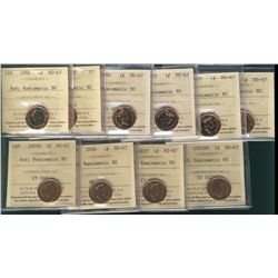 1988 1¢, 1989, 1991, 1992, 1995, 1998W, 2000W, 2000, 2001P & 2003WP ICCS MS67 NBU. Lot of 10 coins.