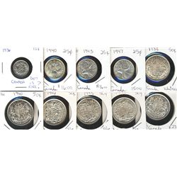 1936 10¢, 1940 25¢, 1943, 1947 ML, 1938 50¢, 1940, 1942, 1943, 1944 & 1945. Nice lot of 10 coins EF