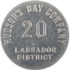 Image 1 : HBC Labrador District 20 MB token with reeded border. Made of tin and unifaced. R-3, Gingras-255d.