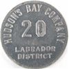 Image 1 : HBC Labrador District 20 MB token with reeded border. Made of tin and unifaced. R-3, Gingras-255d.