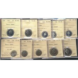 1965 HC, 1972 5¢, 1965 10¢, 1965, 1966(2), 1968 Nic, 1969, 1968 Silv 25¢ & 1970. Lot of 10 coins all