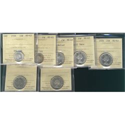1938, 1951 10¢, 1952 HR 25¢, 1953 SD, 1954, 1956 & 1958 ICCS MS63. Lot of 7 coins.
