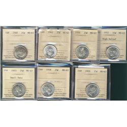 1940 25¢, 1942, 1950, 1952 HR, 1953 SD, 1958 & 1959 ICCS MS63. Lot of 7 coins.
