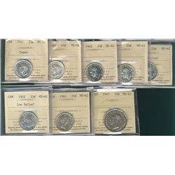1941 25¢ Cam, 1943, 1948, 1949, 1951 HR, 1952 LR, 1961 & 1945 50¢ all ICCS MS62. Lot of 8 coins.