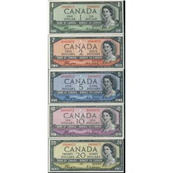 Low Serial Number Set, 1954 DF Coyne Towers $1 to $20. Lot of 5 notes Serial #0000072 all Crisp Orig