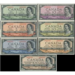 Low Serial Number Set, 1954 DF Coyne $1 UNC65, $2 UNC67, $5 UNC65, $10 UNC65, $20 UNC65, $50 AU58 & 