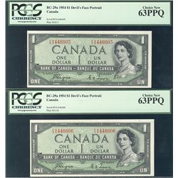 1954 $1 BC-29a #FA1446605/6606 PCGS CH UNC63PPQ. Lot of 2 consecutive notes.