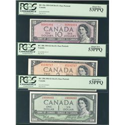 1954 $1 BC-29b, $2 BC-30b & $5 BC-32a PCGS AU53. Lot of 3 notes.