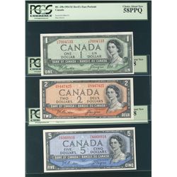 1954 $1 BC-29b, $2 BC-30b & $5 BC-31b PCGS AU58. Lot of 3 notes.
