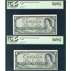 1954 $1 BC-29b #JA7004534/4535 PCGS CH AU58PPQ. Lot of 2 consecutive notes.