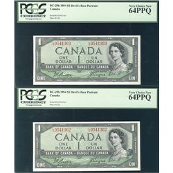1954 $1 BC-29b #LA9541362/1363 PCGS CH UNC64PPQ. Lot of 2 consecutive notes.