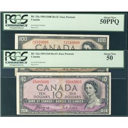 1954 $10 BC-32a & $100 BC-35a PCGS AU50. Lot of 2 notes.