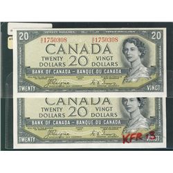 1954 $20 BC-33a #BE1750307/308. Lot of 2 consecutive notes AU/UNC with light oil type stain on upper