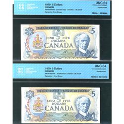 1979 $5 BC-53bA #31004057022/7023 CCCS CH UNC64. Lot of 2 notes.