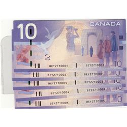 2005 $10 BC-68aA #BEY2710001-0005. Lot of 5 Crisp UNC notes.